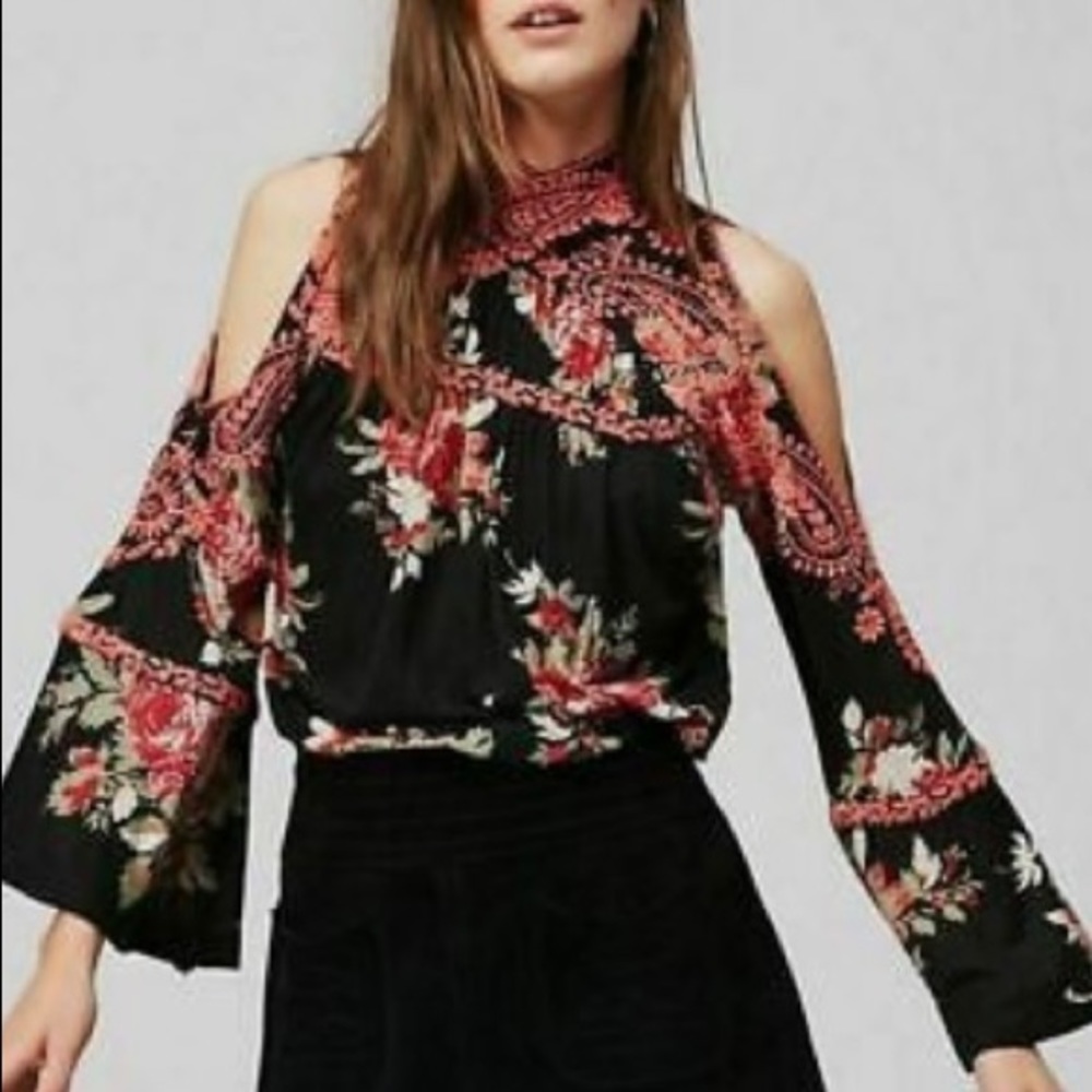 Free People Bainbridge floral cold shoulder blouse with retro bell sleeve  XS